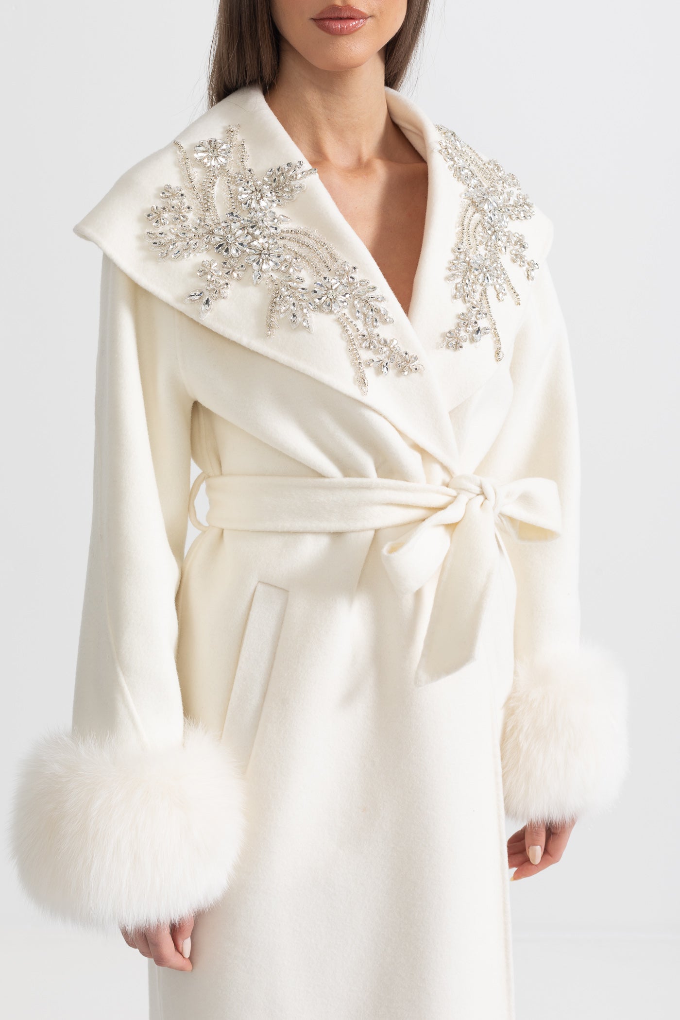 Cashmere Overcoat | Women's Wool & Cashmere Coat | Fox Fur Cuffs, 3D Floral Detail, Belted Ivory Midi Coat | Steven & Levon