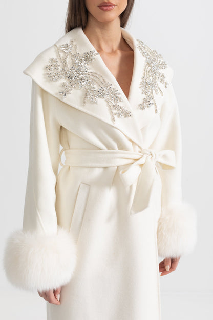 Cashmere Overcoat | Women's Wool & Cashmere Coat | Fox Fur Cuffs, 3D Floral Detail, Belted Ivory Midi Coat | Steven & Levon