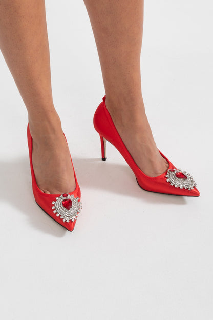 Satin Stiletto Heels | Women | Diamond Detail | Pointed Toe | Red | Evening Dress Shoes | Steven & Levon