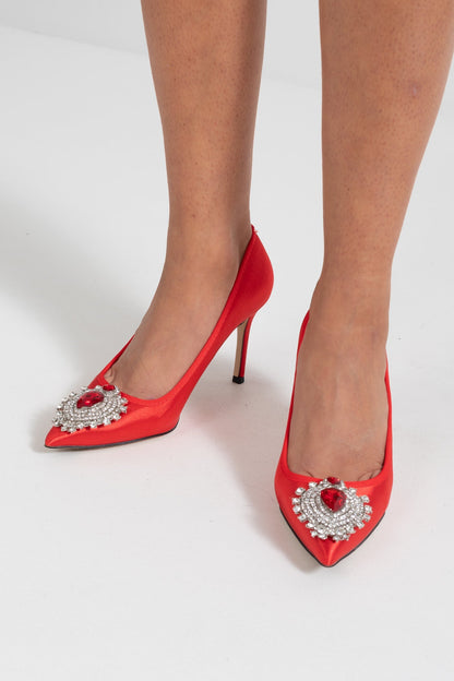 Satin Stiletto Heels | Women | Diamond Detail | Pointed Toe | Red | Evening Dress Shoes | Steven & Levon