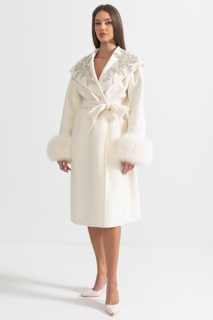 Cashmere Overcoat | Women's Wool & Cashmere Coat | Fox Fur Cuffs, 3D Floral Detail, Belted Ivory Midi Coat | Steven & Levon