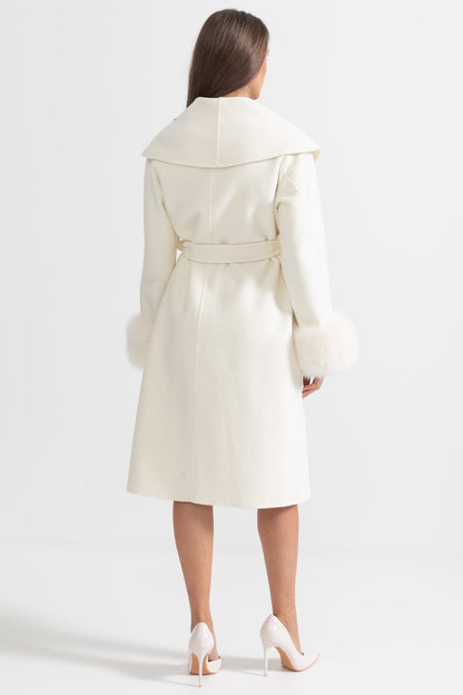 Cashmere Overcoat | Women's Wool & Cashmere Coat | Fox Fur Cuffs, 3D Floral Detail, Belted Ivory Midi Coat | Steven & Levon