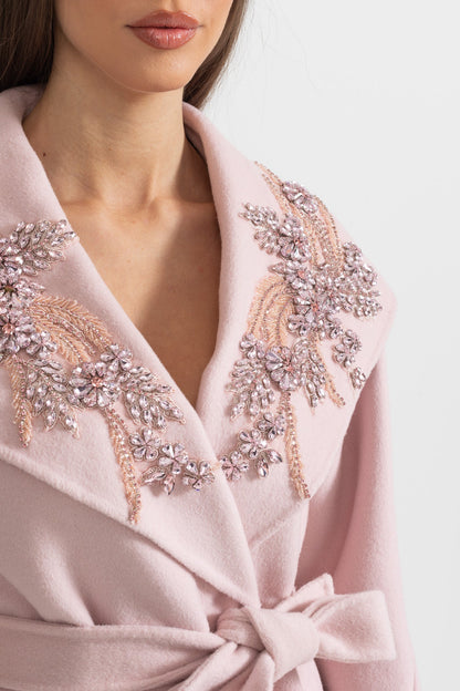 Cashmere Overcoat | Women's Wool & Cashmere Coat | Fox Fur Cuffs, 3D Floral Detail, Belted Midi Coat | Steven & Levon