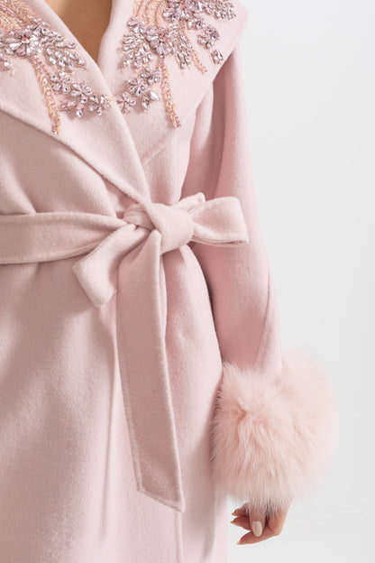 Cashmere Overcoat | Women's Wool & Cashmere Coat | Fox Fur Cuffs, 3D Floral Detail, Belted Midi Coat | Steven & Levon