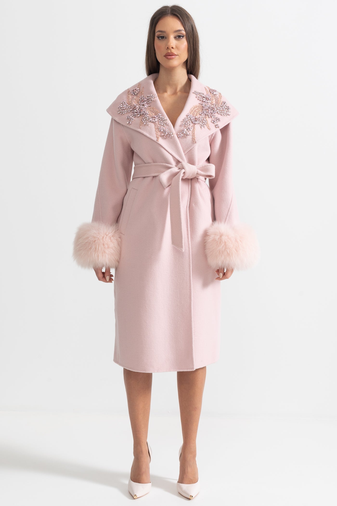 Cashmere Overcoat | Women's Wool & Cashmere Coat | Fox Fur Cuffs, 3D Floral Detail, Belted Midi Coat | Steven & Levon