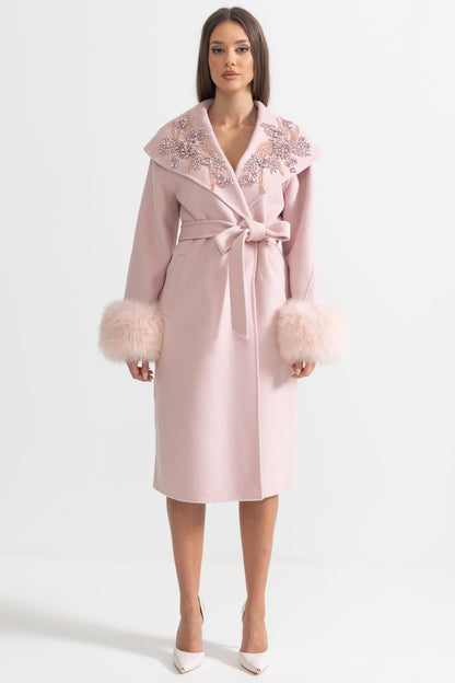 Cashmere Overcoat | Women's Wool & Cashmere Coat | Fox Fur Cuffs, 3D Floral Detail, Belted Midi Coat | Steven & Levon