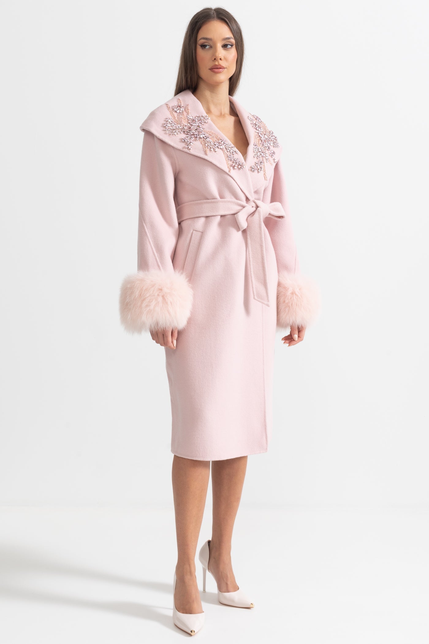 Cashmere Overcoat | Women's Wool & Cashmere Coat | Fox Fur Cuffs, 3D Floral Detail, Belted Midi Coat | Steven & Levon