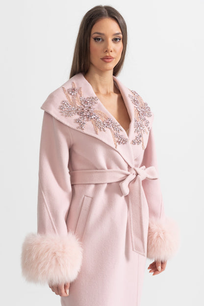 Cashmere Overcoat | Women's Wool & Cashmere Coat | Fox Fur Cuffs, 3D Floral Detail, Belted Midi Coat | Steven & Levon