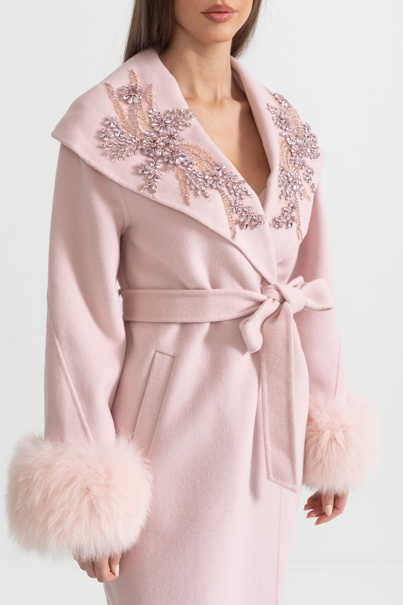 Cashmere Overcoat | Women's Wool & Cashmere Coat | Fox Fur Cuffs, 3D Floral Detail, Belted Midi Coat | Steven & Levon