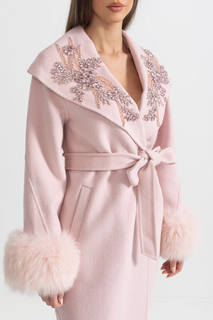 Cashmere Overcoat | Women's Wool & Cashmere Coat | Fox Fur Cuffs, 3D Floral Detail, Belted Midi Coat | Steven & Levon