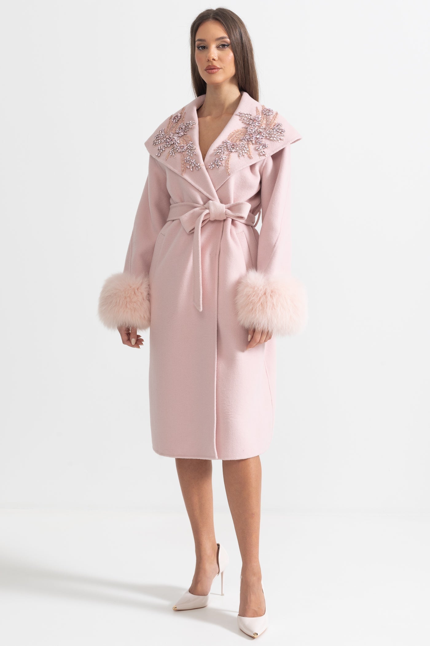 Cashmere Overcoat | Women's Wool & Cashmere Coat | Fox Fur Cuffs, 3D Floral Detail, Belted Midi Coat | Steven & Levon