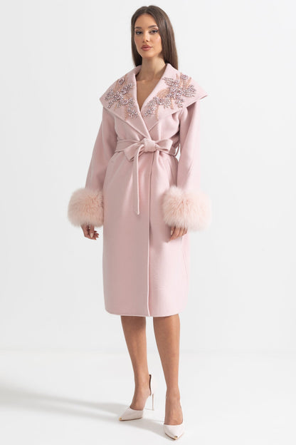 Cashmere Overcoat | Women's Wool & Cashmere Coat | Fox Fur Cuffs, 3D Floral Detail, Belted Midi Coat | Steven & Levon