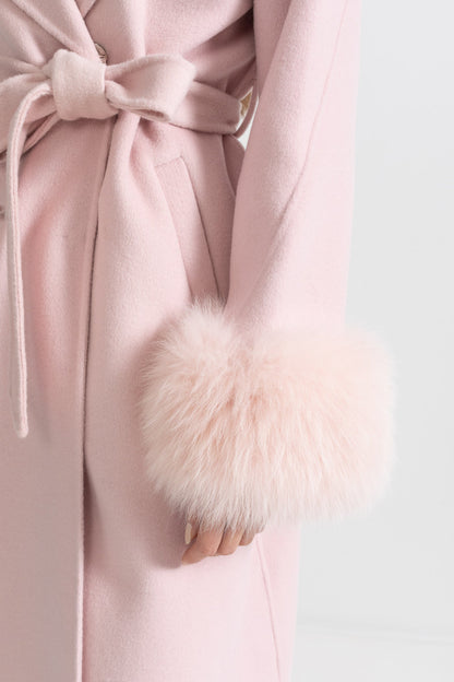 Cashmere Overcoat | Women's Wool & Cashmere Coat | Fox Fur Cuffs, 3D Floral Detail, Belted Midi Coat | Steven & Levon