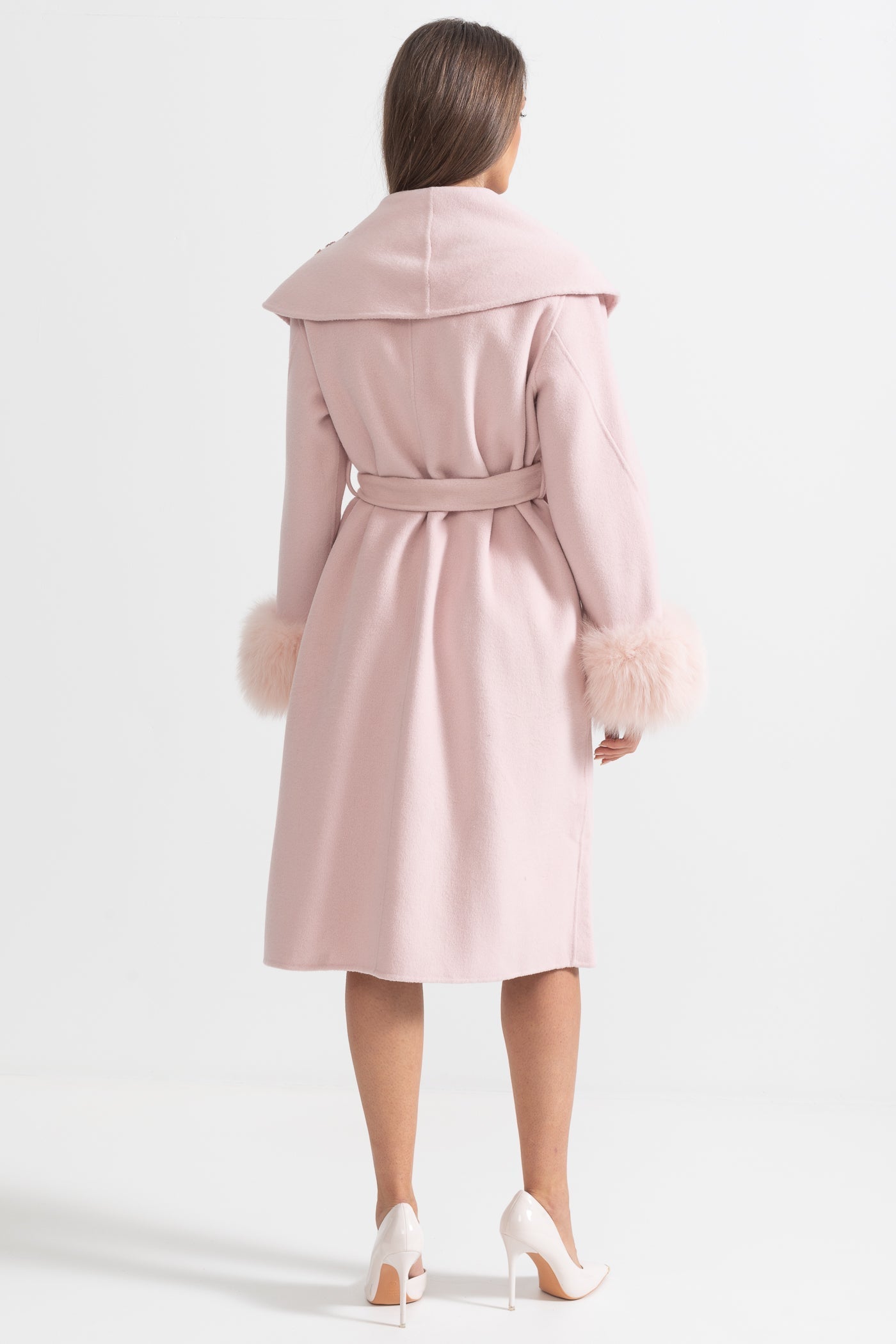 Cashmere Overcoat | Women's Wool & Cashmere Coat | Fox Fur Cuffs, 3D Floral Detail, Belted Midi Coat | Steven & Levon