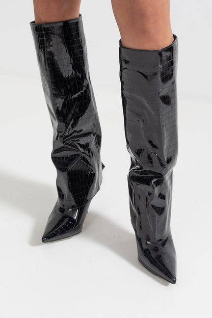 Alligator Pattern Knee High Boots | Women | Pointed Toe | Black | Steven & Levon