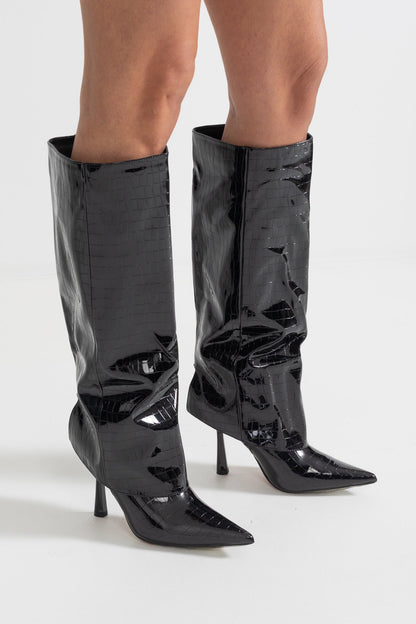 Alligator Pattern Knee High Boots | Women | Pointed Toe | Black | Steven & Levon