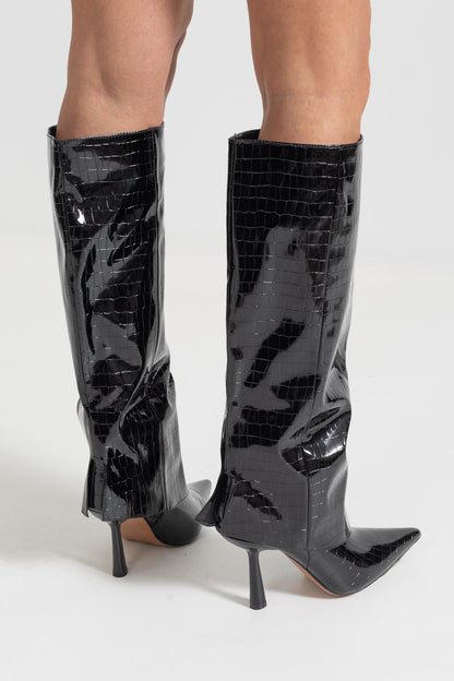Alligator Pattern Knee High Boots | Women | Pointed Toe | Black | Steven & Levon