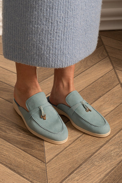 Suede Loafers | Women | Metal Charm | Baby Blue | Contrast Sole | Steven & Levon