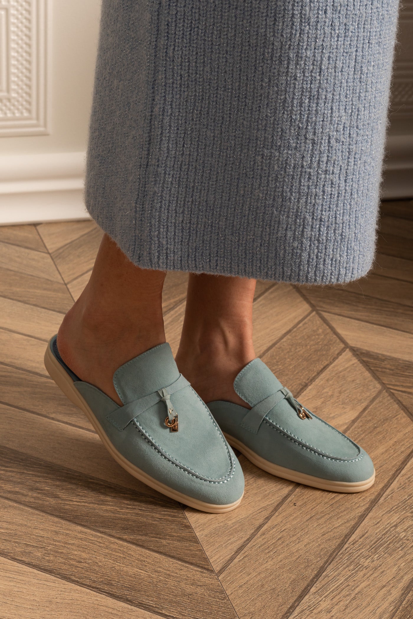 Suede Loafers | Women | Metal Charm | Baby Blue | Contrast Sole | Steven & Levon