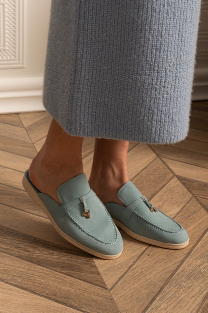 Suede Loafers | Women | Metal Charm | Baby Blue | Contrast Sole | Steven & Levon