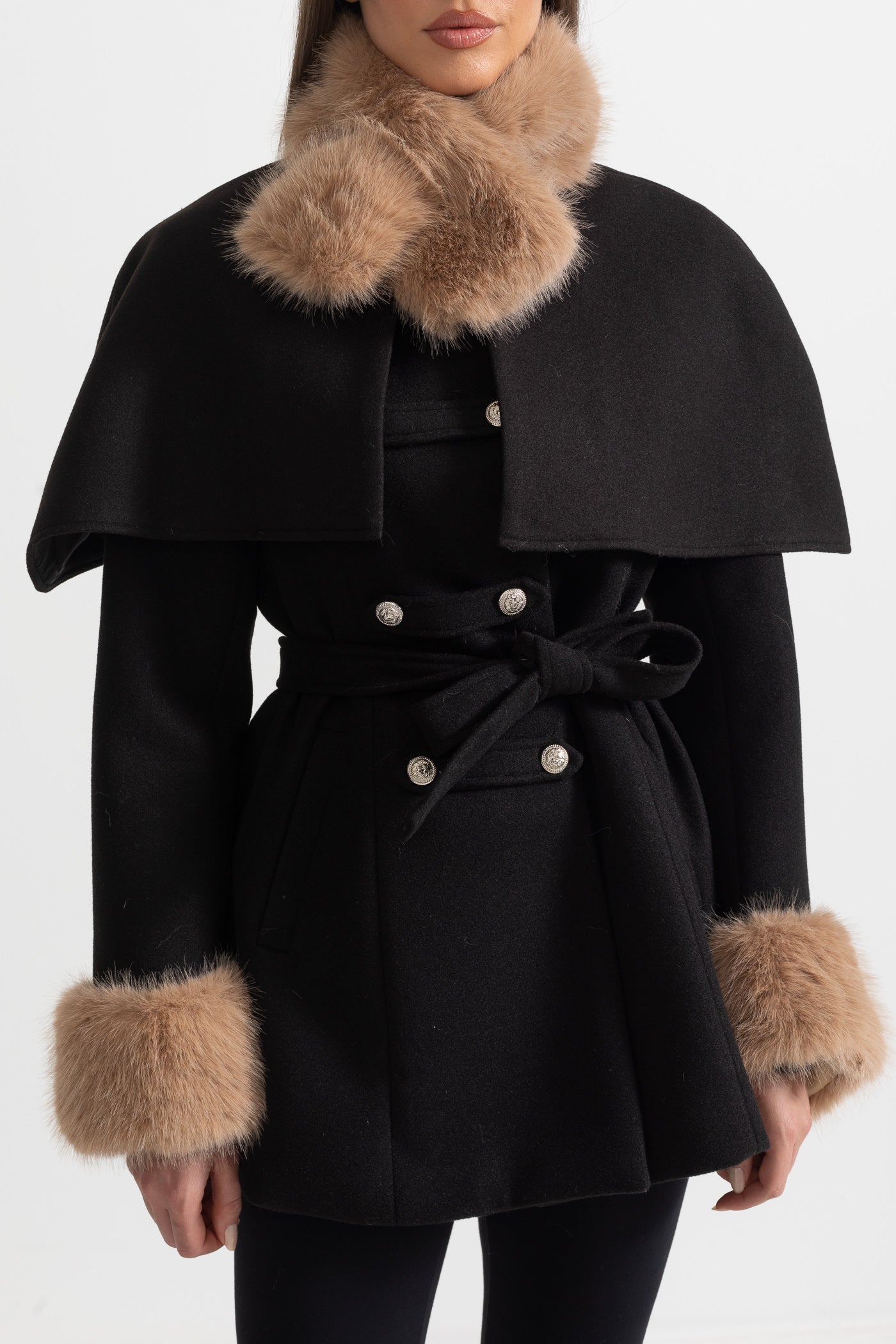 Double-Breasted Coat | Women's Wool Coat | Detachable Cape, Faux Fur Collar & Cuffs, Belted Black Overcoat | Steven & Levon