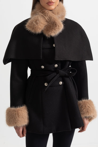 Double-Breasted Coat | Women's Wool Coat | Detachable Cape, Faux Fur Collar & Cuffs, Belted Black Overcoat | Steven & Levon