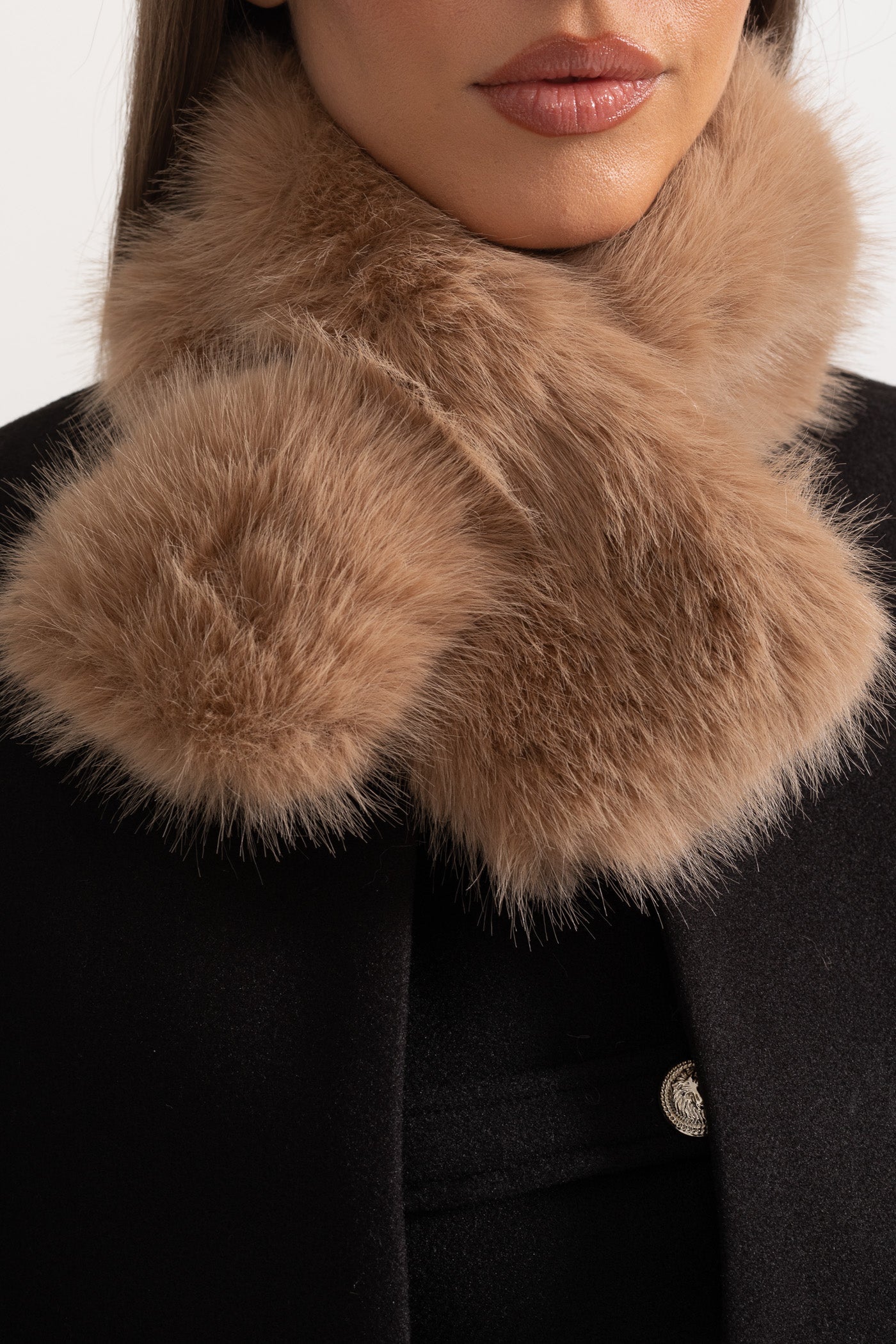 Double-Breasted Coat | Women's Wool Coat | Detachable Cape, Faux Fur Collar & Cuffs, Belted Black Overcoat | Steven & Levon