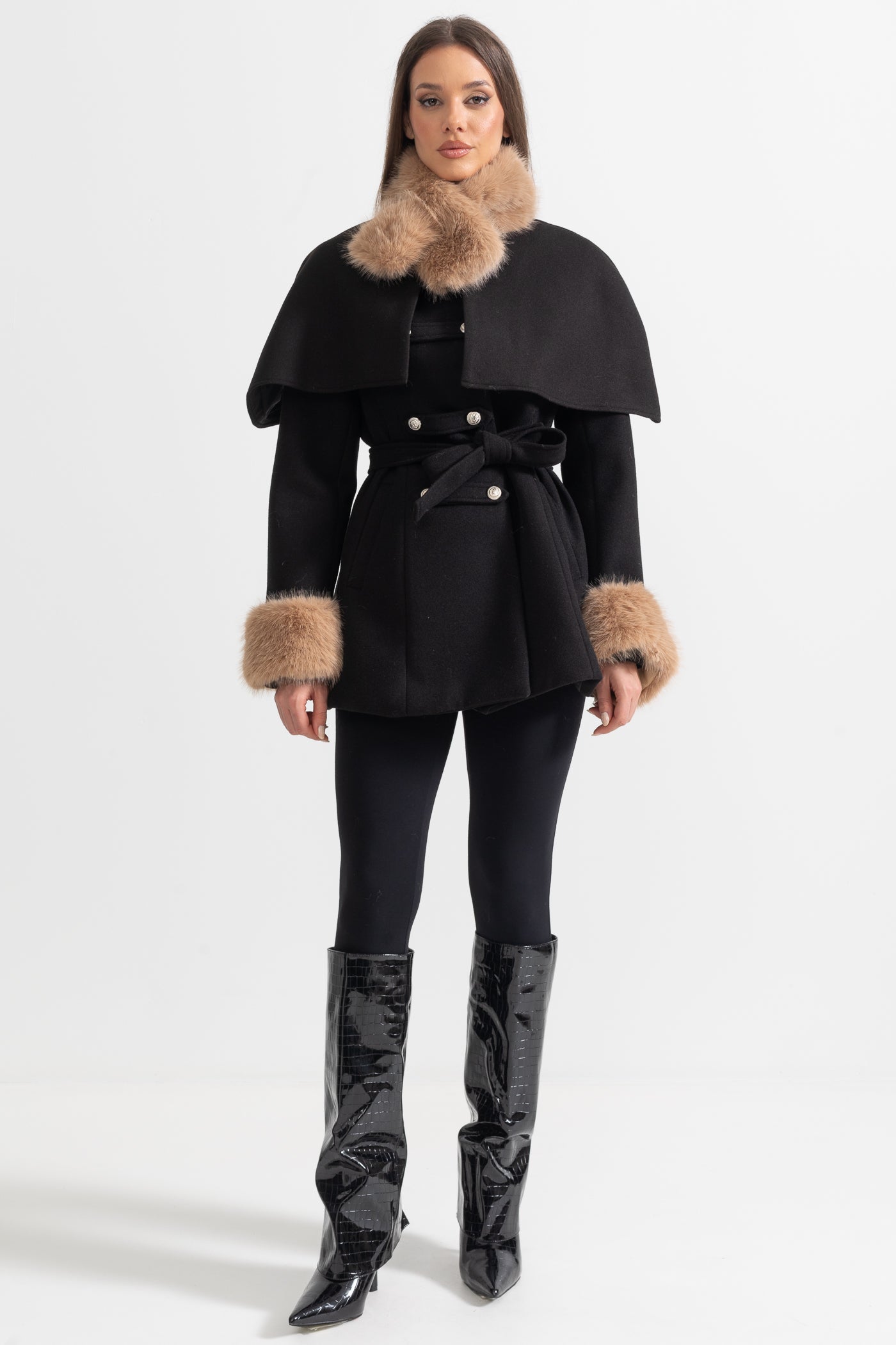 Double-Breasted Coat | Women's Wool Coat | Detachable Cape, Faux Fur Collar & Cuffs, Belted Black Overcoat | Steven & Levon