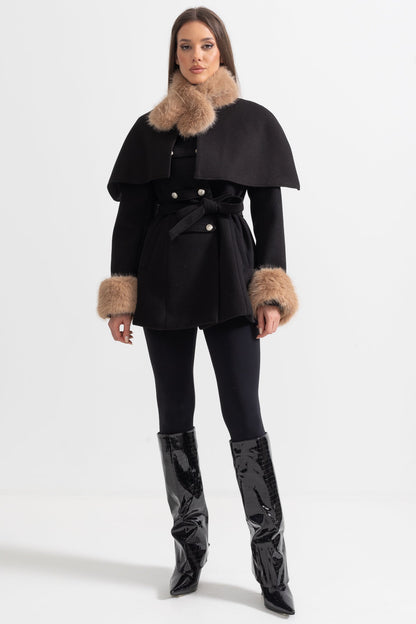Double-Breasted Coat | Women's Wool Coat | Detachable Cape, Faux Fur Collar & Cuffs, Belted Black Overcoat | Steven & Levon