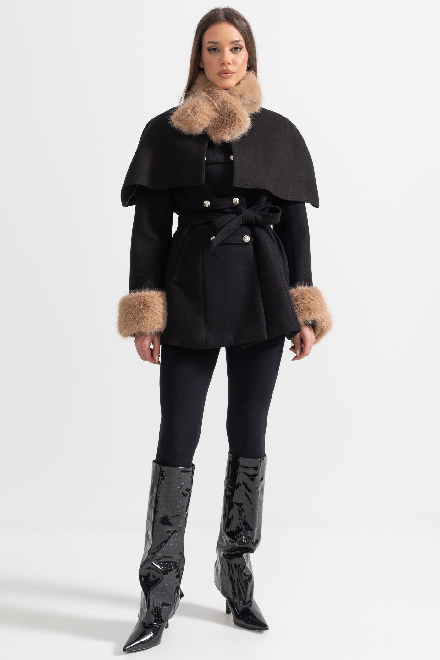 Double-Breasted Coat | Women's Wool Coat | Detachable Cape, Faux Fur Collar & Cuffs, Belted Black Overcoat | Steven & Levon