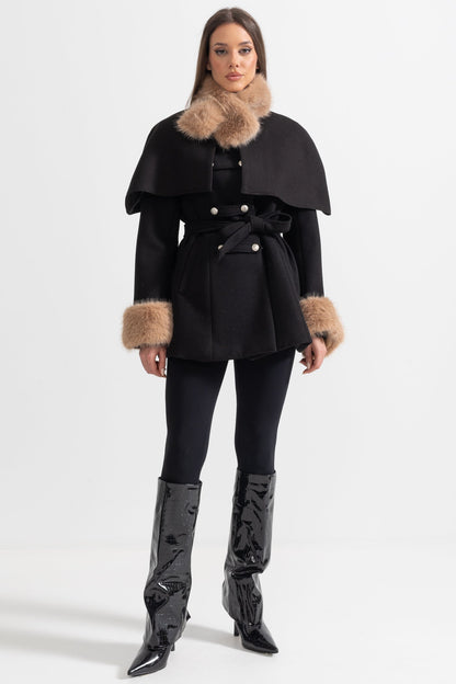 Double-Breasted Coat | Women's Wool Coat | Detachable Cape, Faux Fur Collar & Cuffs, Belted Black Overcoat | Steven & Levon