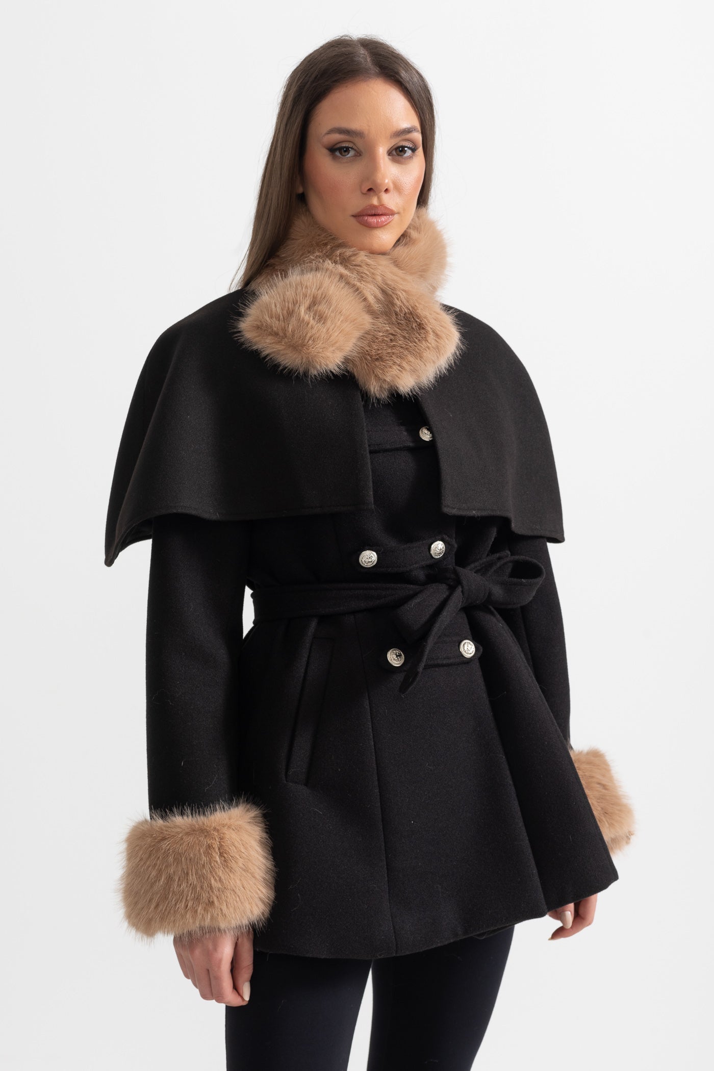 Double-Breasted Coat | Women's Wool Coat | Detachable Cape, Faux Fur Collar & Cuffs, Belted Black Overcoat | Steven & Levon