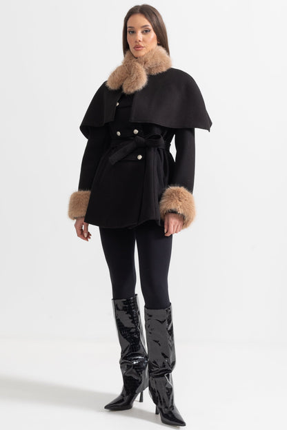 Double-Breasted Coat | Women's Wool Coat | Detachable Cape, Faux Fur Collar & Cuffs, Belted Black Overcoat | Steven & Levon