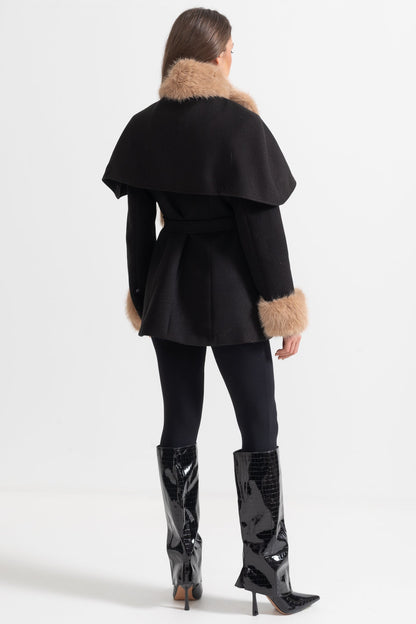 Double-Breasted Coat | Women's Wool Coat | Detachable Cape, Faux Fur Collar & Cuffs, Belted Black Overcoat | Steven & Levon