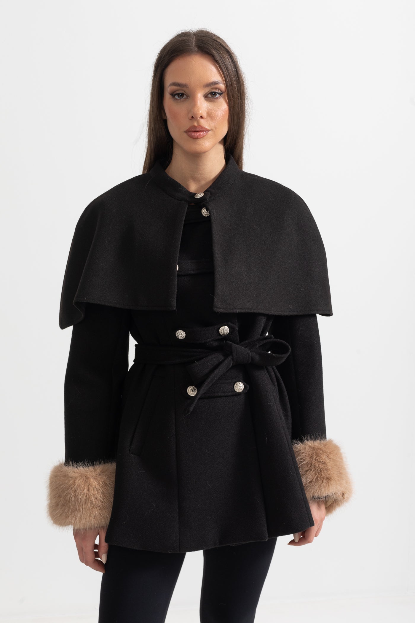 Double-Breasted Coat | Women's Wool Coat | Detachable Cape, Faux Fur Collar & Cuffs, Belted Black Overcoat | Steven & Levon