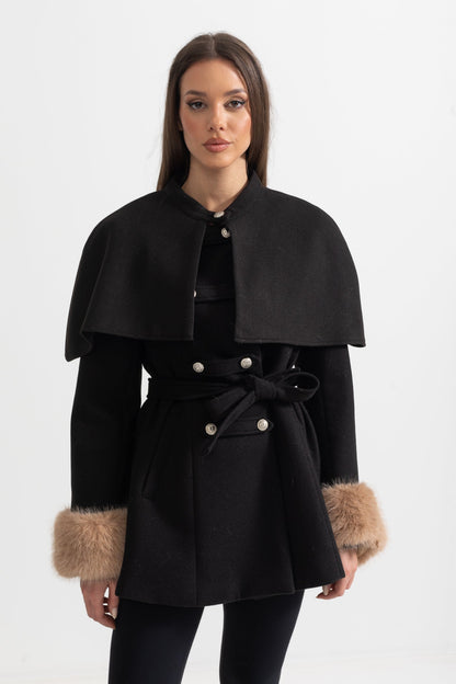 Double-Breasted Coat | Women's Wool Coat | Detachable Cape, Faux Fur Collar & Cuffs, Belted Black Overcoat | Steven & Levon