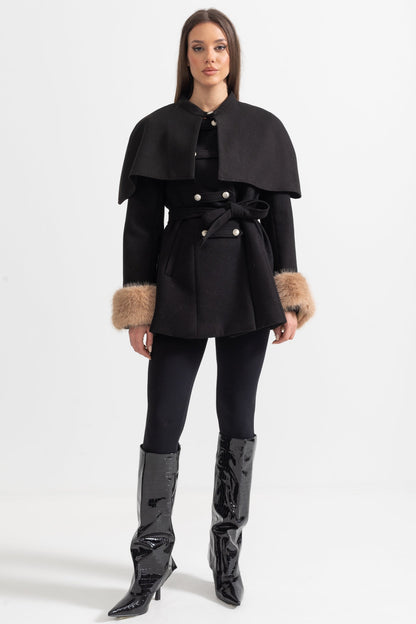 Double-Breasted Coat | Women's Wool Coat | Detachable Cape, Faux Fur Collar & Cuffs, Belted Black Overcoat | Steven & Levon