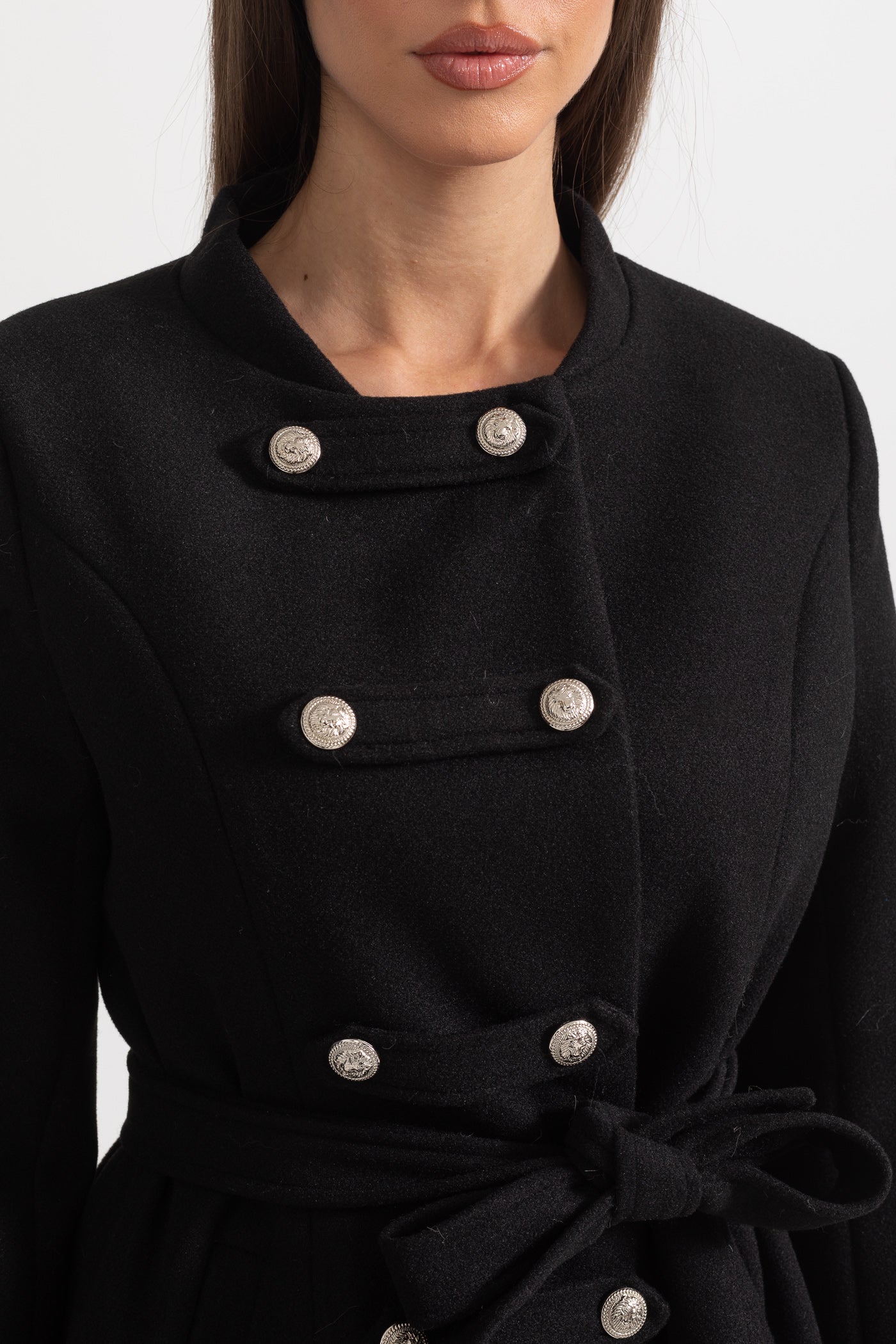 Double-Breasted Coat | Women's Wool Coat | Detachable Cape, Faux Fur Collar & Cuffs, Belted Black Overcoat | Steven & Levon