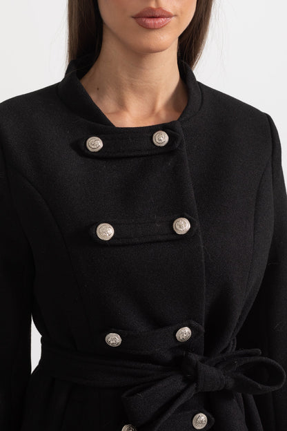 Double-Breasted Coat | Women's Wool Coat | Detachable Cape, Faux Fur Collar & Cuffs, Belted Black Overcoat | Steven & Levon