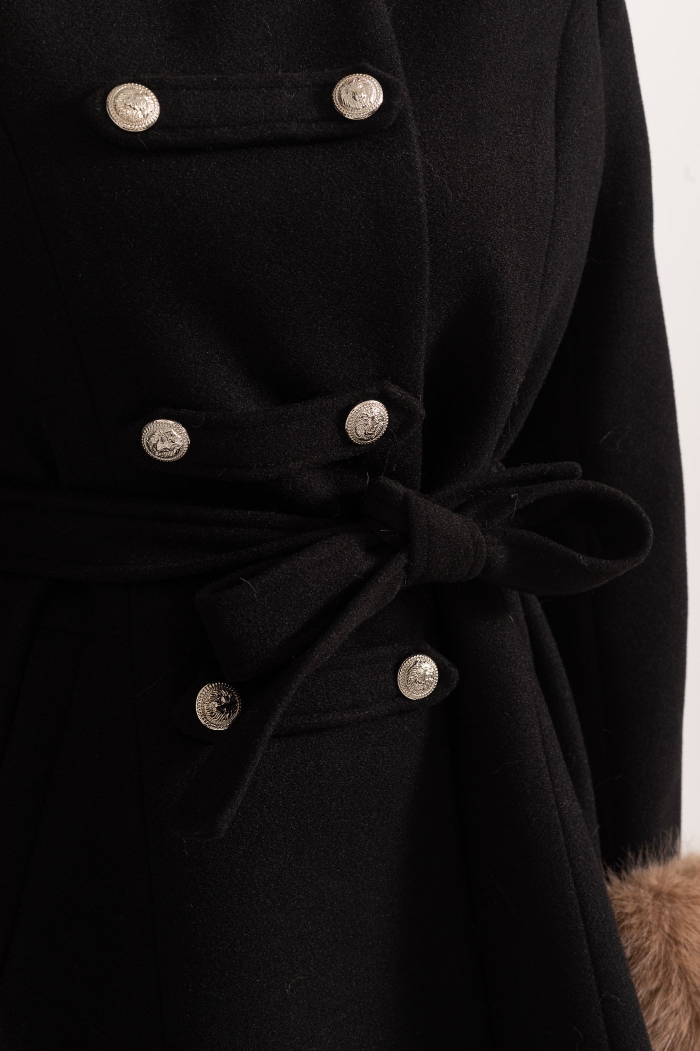 Double-Breasted Coat | Women's Wool Coat | Detachable Cape, Faux Fur Collar & Cuffs, Belted Black Overcoat | Steven & Levon