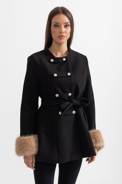 Double-Breasted Coat | Women's Wool Coat | Detachable Cape, Faux Fur Collar & Cuffs, Belted Black Overcoat | Steven & Levon