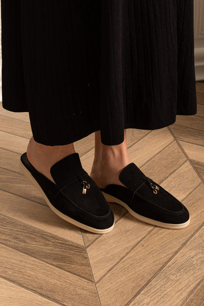 Suede Loafers | Women | Metal Charm | Black | Contrast Sole | Steven & Levon