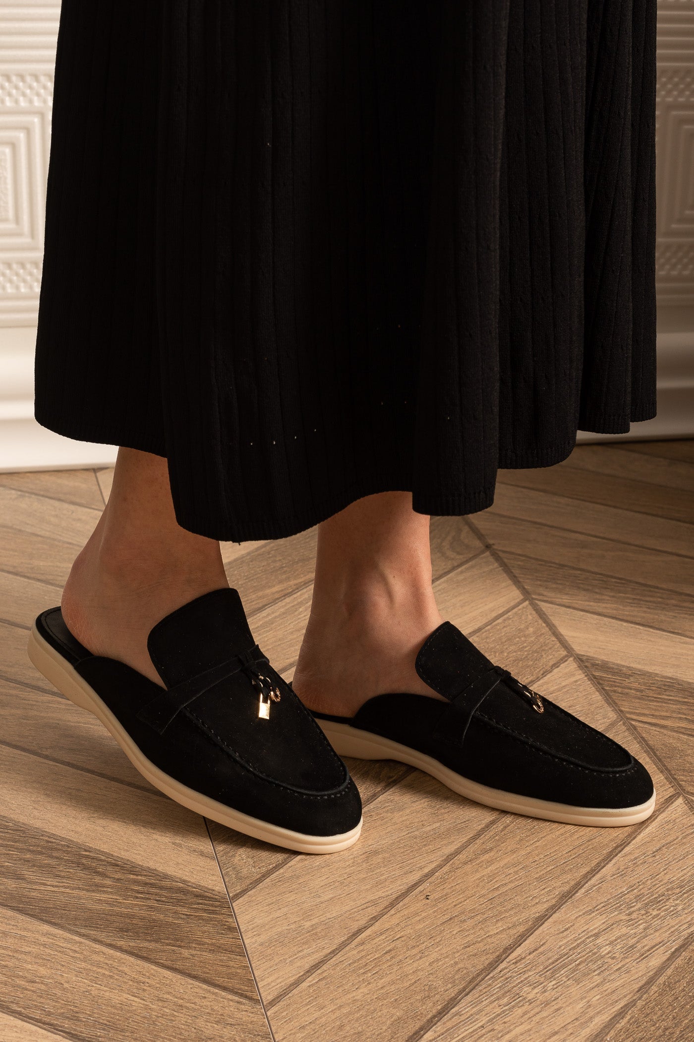 Suede Loafers | Women | Metal Charm | Black | Contrast Sole | Steven & Levon