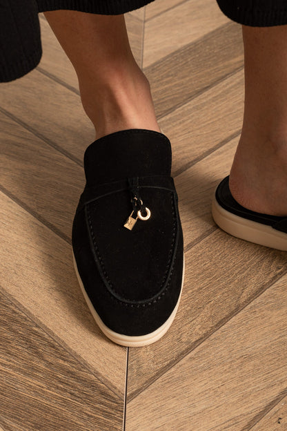 Suede Loafers | Women | Metal Charm | Black | Contrast Sole | Steven & Levon