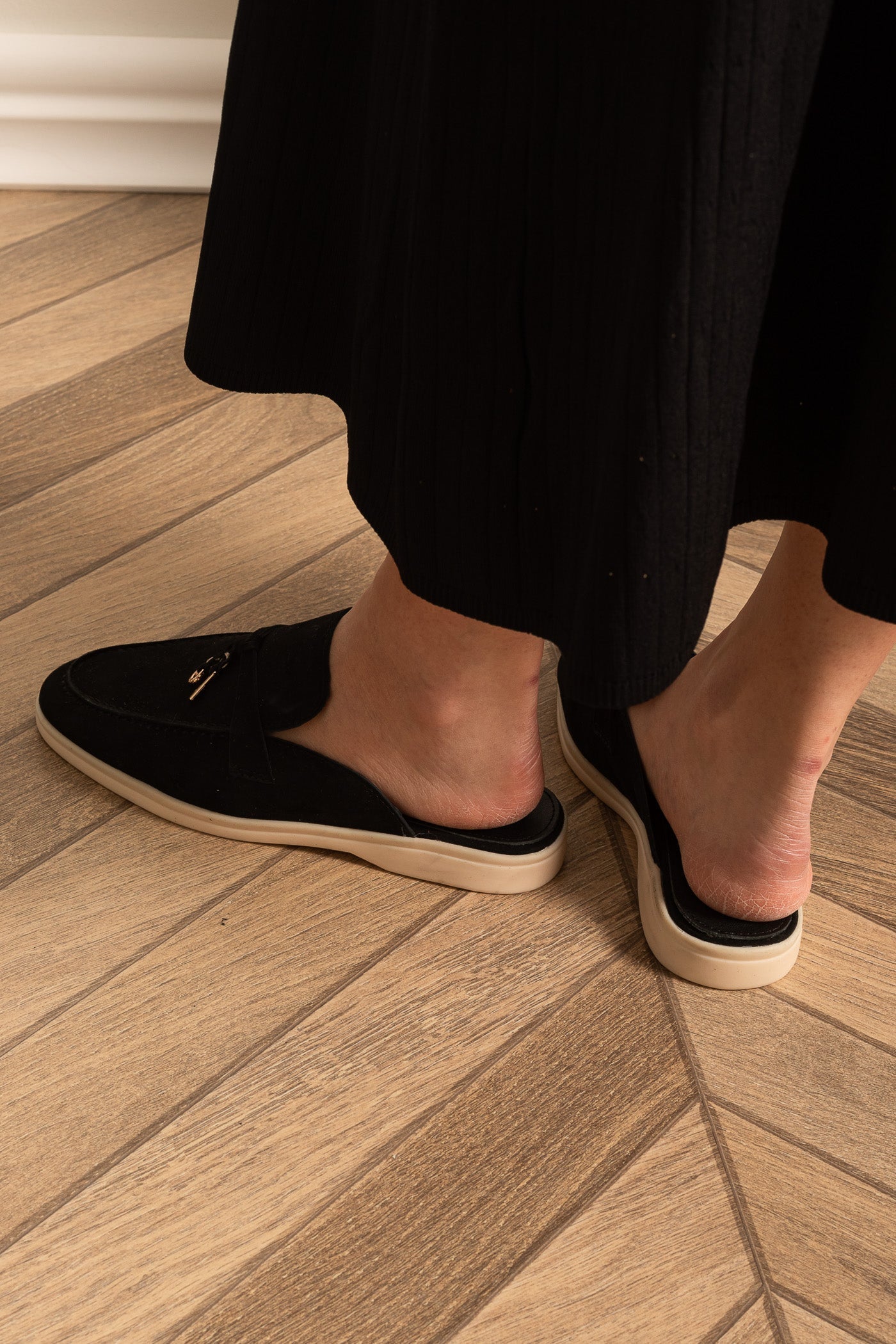 Suede Loafers | Women | Metal Charm | Black | Contrast Sole | Steven & Levon