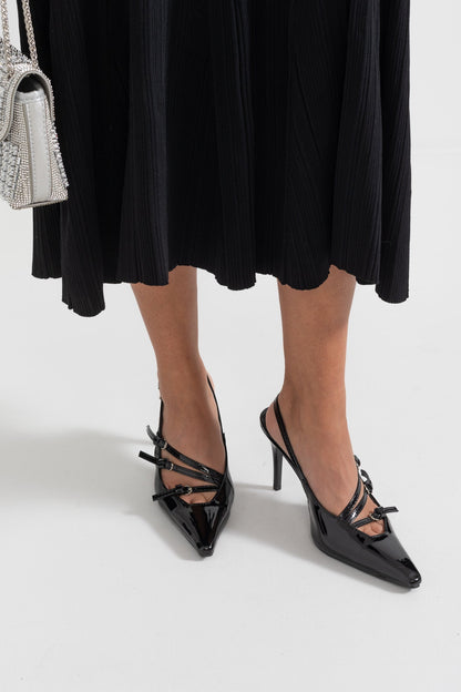 Glossy Slingback Heels | Women | Pointed Toe | Black | Elegant Dress Shoes | Steven & Levon