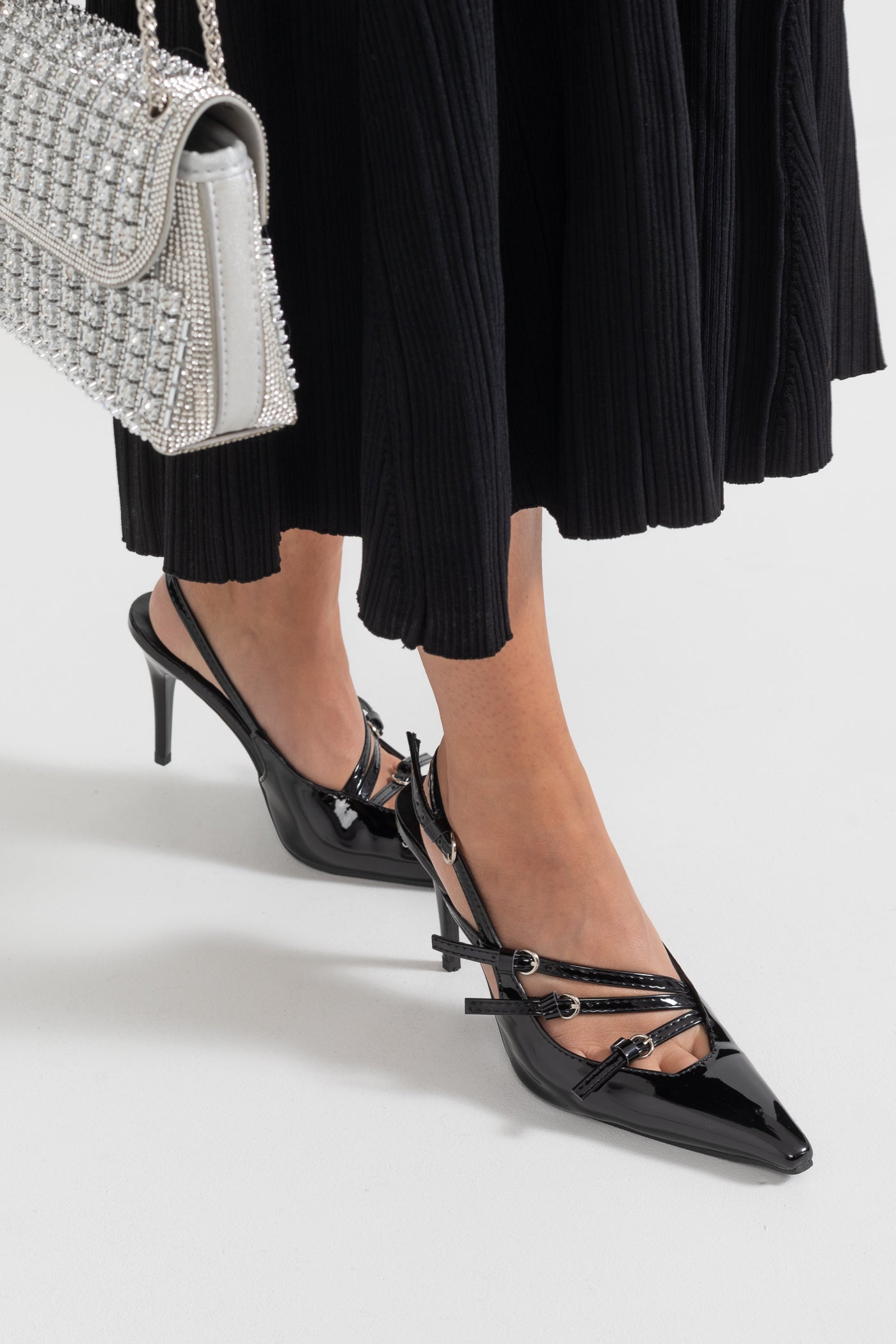 Glossy Slingback Heels | Women | Pointed Toe | Black | Elegant Dress Shoes | Steven & Levon