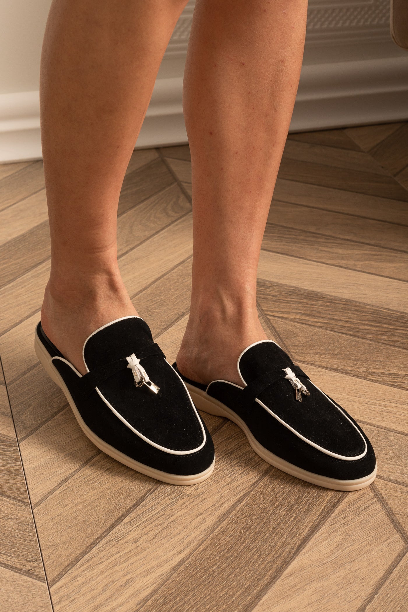 Suede Loafers | Women | Metal Charm Detail | Contrast Sole | Black & White | Steven & Levon