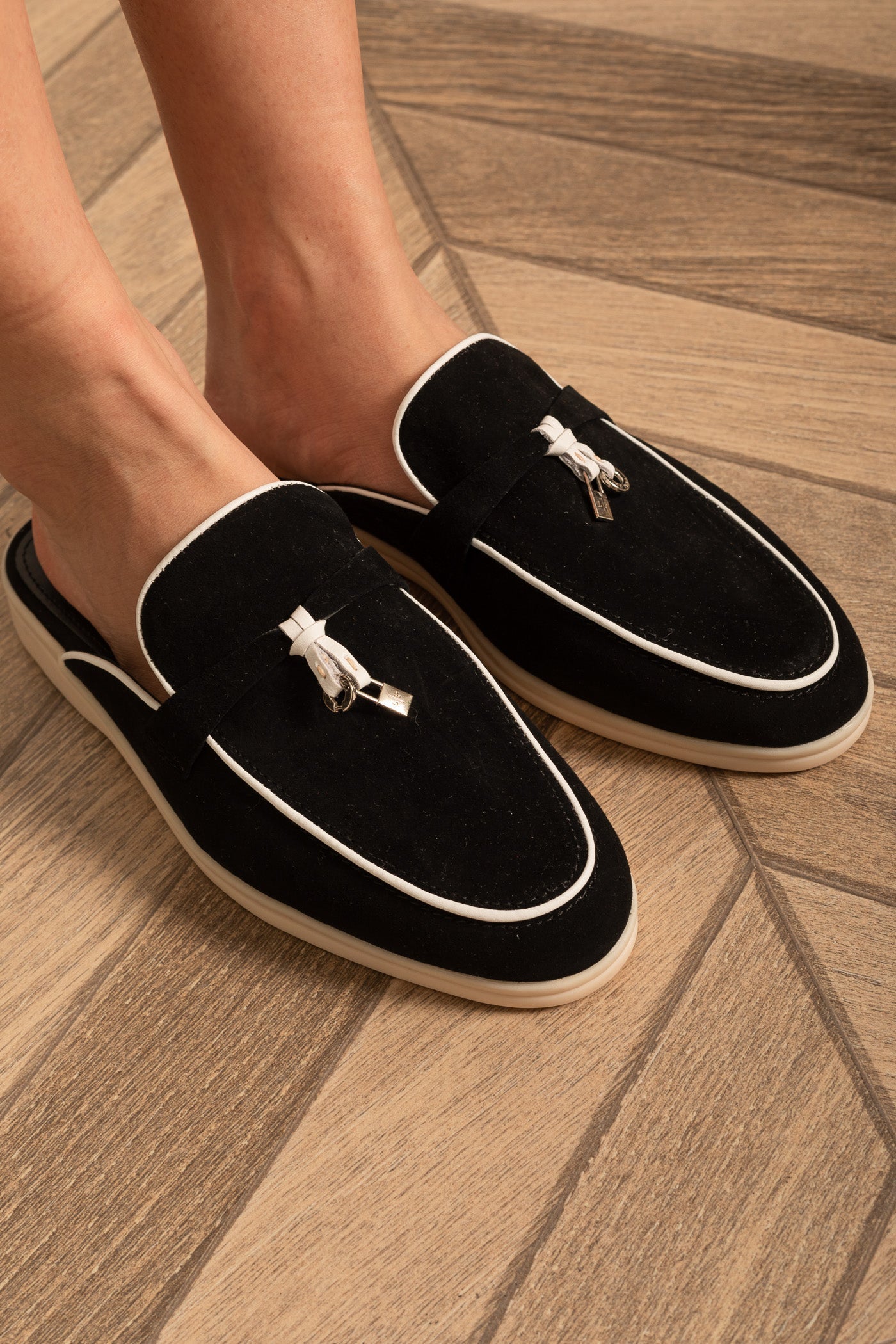 Suede Loafers | Women | Metal Charm Detail | Contrast Sole | Black & White | Steven & Levon