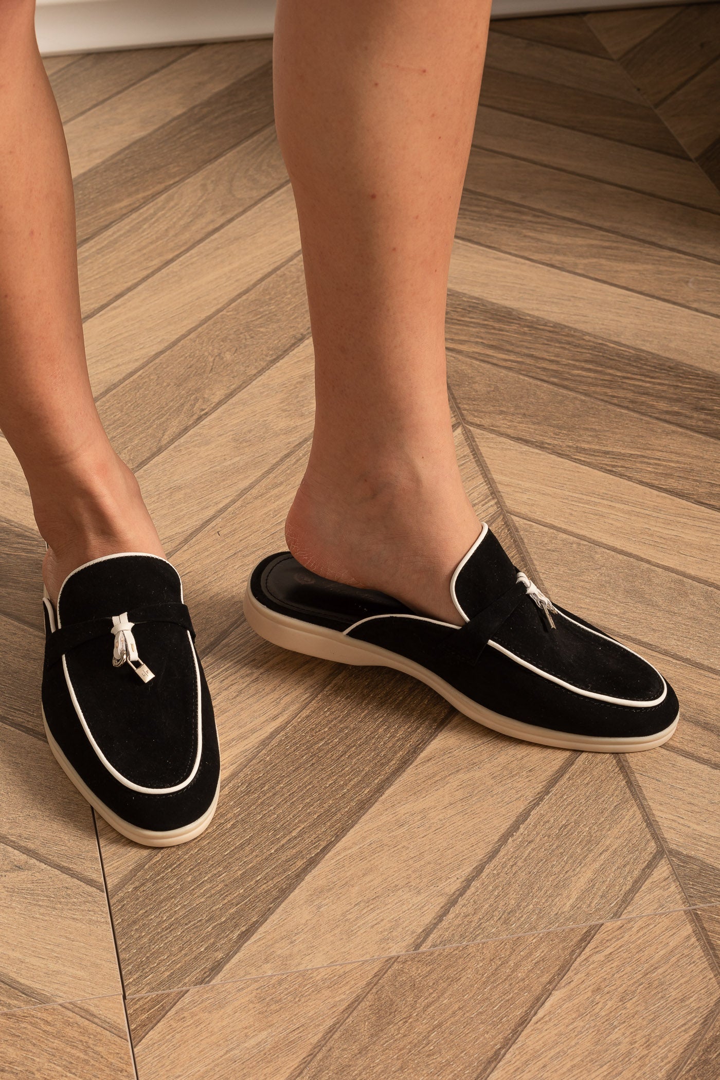 Suede Loafers | Women | Metal Charm Detail | Contrast Sole | Black & White | Steven & Levon